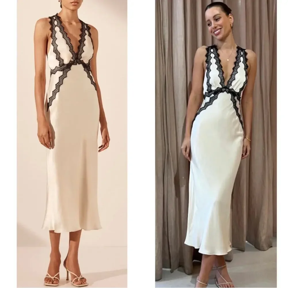SHONA JOY Camille Lace Cross Back Midi Dress in Cream & Black Size 0 - Picture 3 of 12